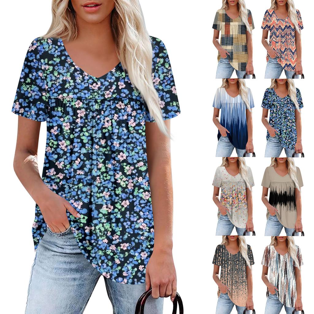 Women's Casual V-Neck Short Sleeve Chest Ruffle Printed Top