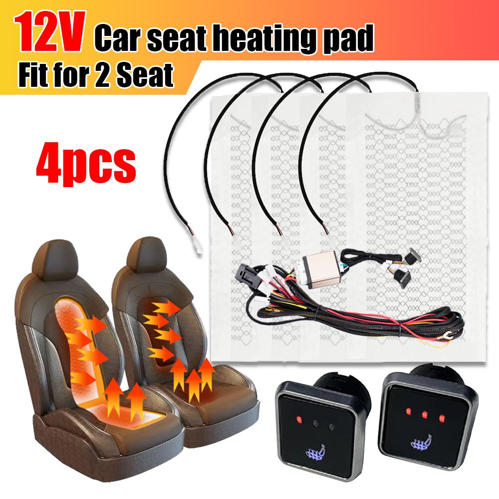 12V Car Carbon Fiber Heating Pad Set Three Speed Switch Two Seats Four Square Pieces 52.5x28cm Mini Winter Heating Seat Pad