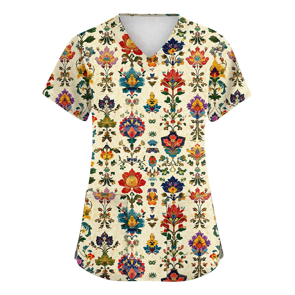 Women's Fashion V-neck Short Sleeve Workwear With Pockets Printed Tops