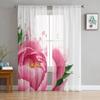 Pink Peony Chiffon Sheer Curtains For Living Room Bedroom Decoration Window Tulle Curtains Drapes