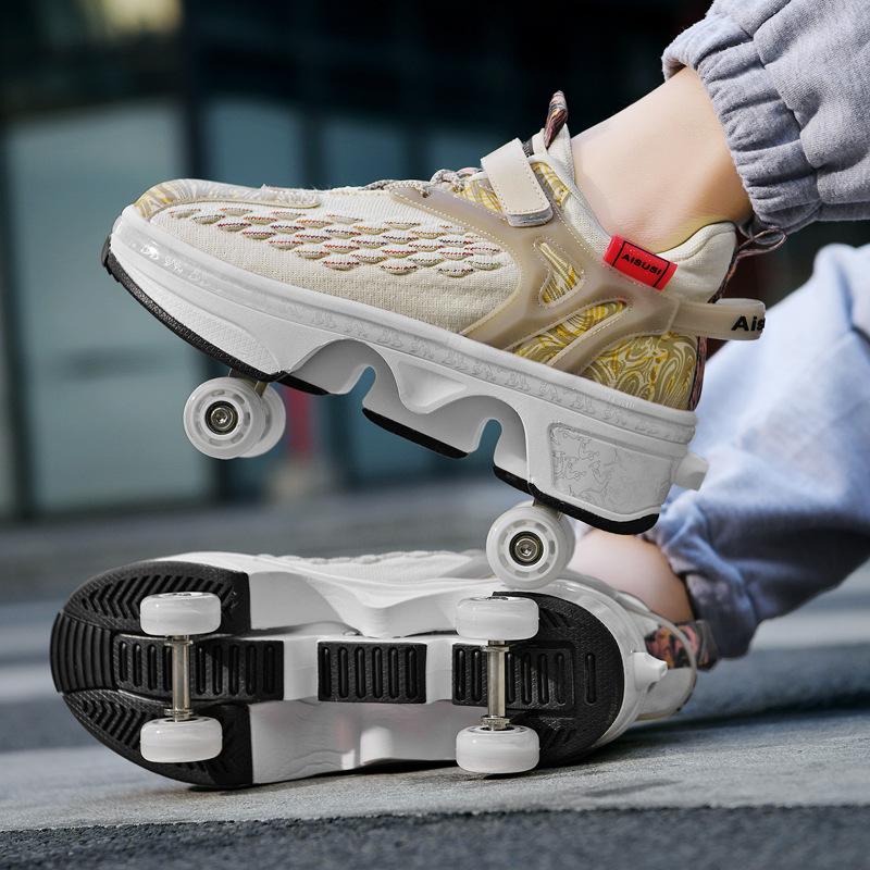 Retractable Four-Wheeled Running Shoes: High-Elastic, Breathable Mesh Roller Skates for Men and Women.