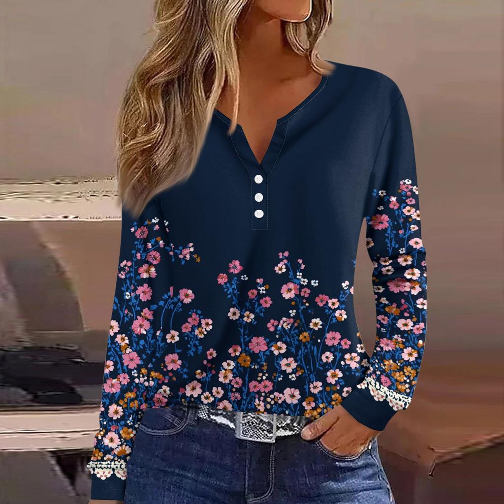 Women's T Shirt Tee Button Long Sleeve Daily Weekend Fashion Basic V- Neck Regular Top