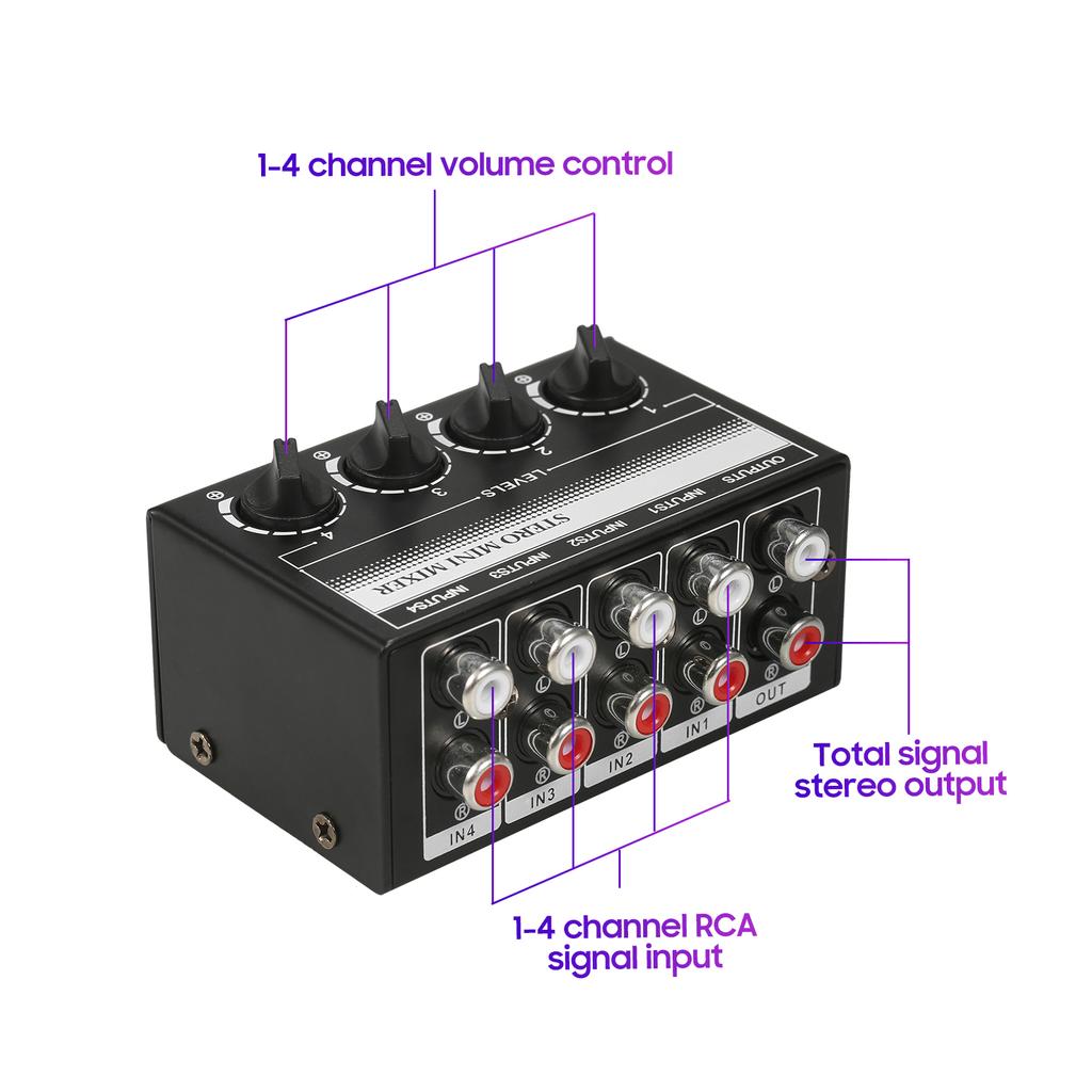 Mini Stereo 4 Channel Passive Mixer RCA Portable Audio Mixer 1 in 4 Out Stereo Distributor Volume Control, No Battery Required