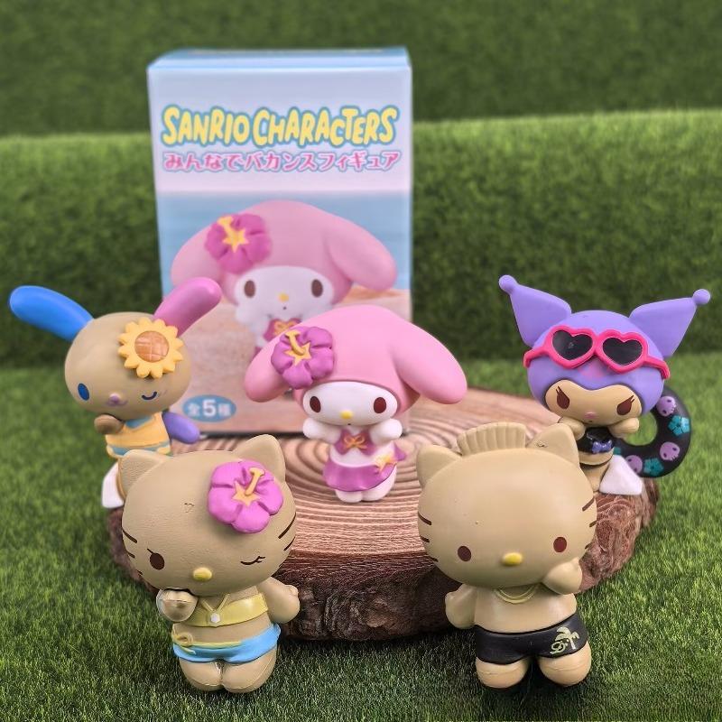 Фигурка Sanrio Аниме Хелло Китти Куроми Черная Кожа Китти Кот Мелоди Летний Отпуск на Морском Побережье Серия Сюрприз Коробка Игрушка Украшение Подарки для Детей