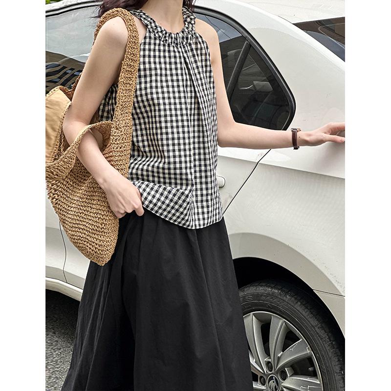 Ретро клетчатый топ-камезоль на халтере, черно-белый, весна/лето 2025