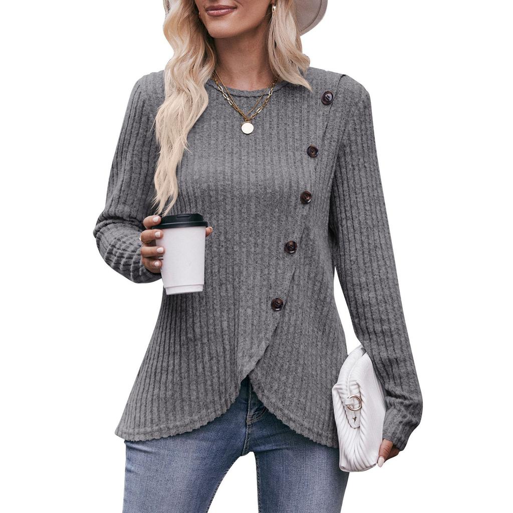 YYFS Женские модные повседневные весенне-осенние однотонные блузки и рубашки с круглым вырезом с длинными рукавами и принтом