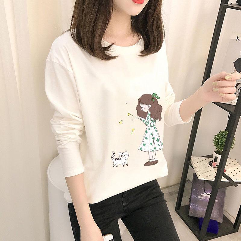 Осень 2023 г. Корейские топы с рисунком - женские футболки с длинными рукавами в однотонных цветах