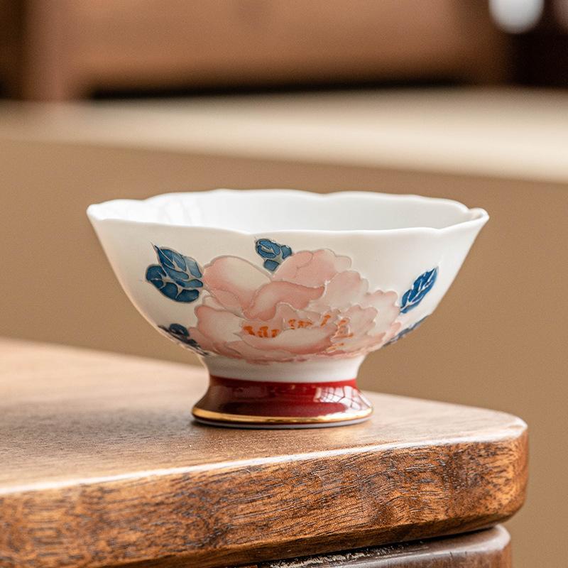 42 мл Расписанная вручную пиала-мастер с пионом, винтажная, на высокой ножке, большая чайная чашка, высококлассная позолоченная чайная чашка, чашка с цветочным горлышком, подарочный чайный набор для кунг-фу