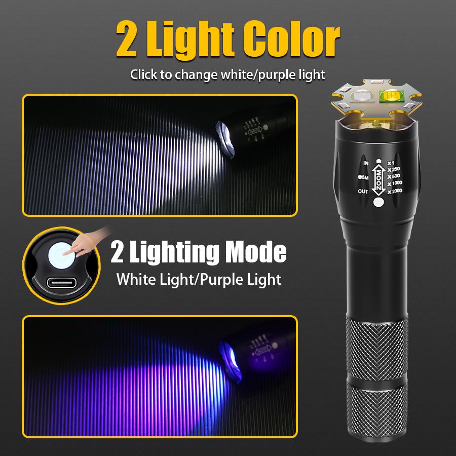 2 In 1 Ultraviolet Flashlight Purple White Dual Light Zoomable Torch Built in Battery Recharge Scorpion Hunting UV Flashlights