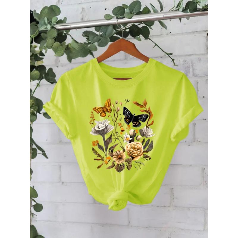 Футболка из хлопка, летняя, с коротким рукавом, круглым вырезом, с цветочным узором, женская