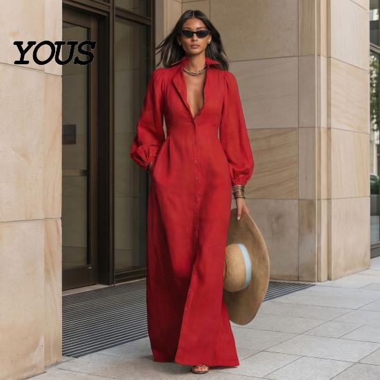 Autumn Women Dresses Button Front Shirt Dress, Long Sleeve Turn-down Collar Collared Style Solid Color Cinched Waist Dress for Daily Office Casual