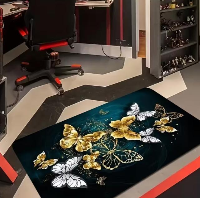 Роскошный ковер с голубыми розами, с элегантными цветочными каплями воды и украшениями в виде бабочек. Кухня, ванная, прачечная и домашний декор