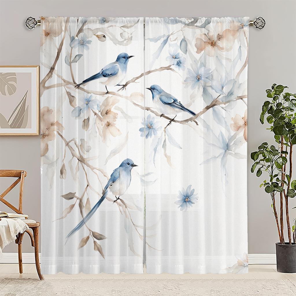 2Pc Gorgeous Blue Floral Print Curtains, Polyester Fabric, Machine Washable, Suitable For Living Rooms And Bedrooms