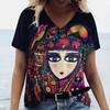 Summer Fashion Top Women 3d Girls Face Painting T-Shirts Harajuku Colorful Cartoon V-Neck Short Sleeve Tees Oversized Clothing
