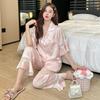 Новая кружевная пижама для женщин весна и осень Тонкие брюки с короткими рукавами Кардиган Комплект пижамы Hollow Ice Silk