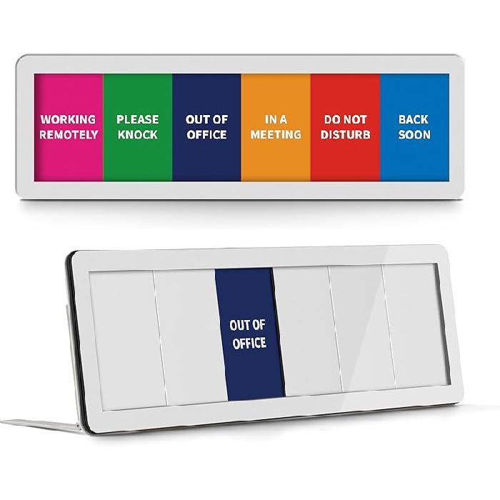 Office Door Sign With Adjustable Stand, 6 Options Privacy Slider Do Not Disturb, Please Knock, In A Meeting, Out Of Office, Working Remotely, Back