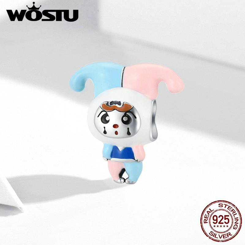 WOSTU Lively Fun Clown Blue Pink Costume 925 Sterling Silver Beads Fit Bracelet Bangle Fine Jewelry