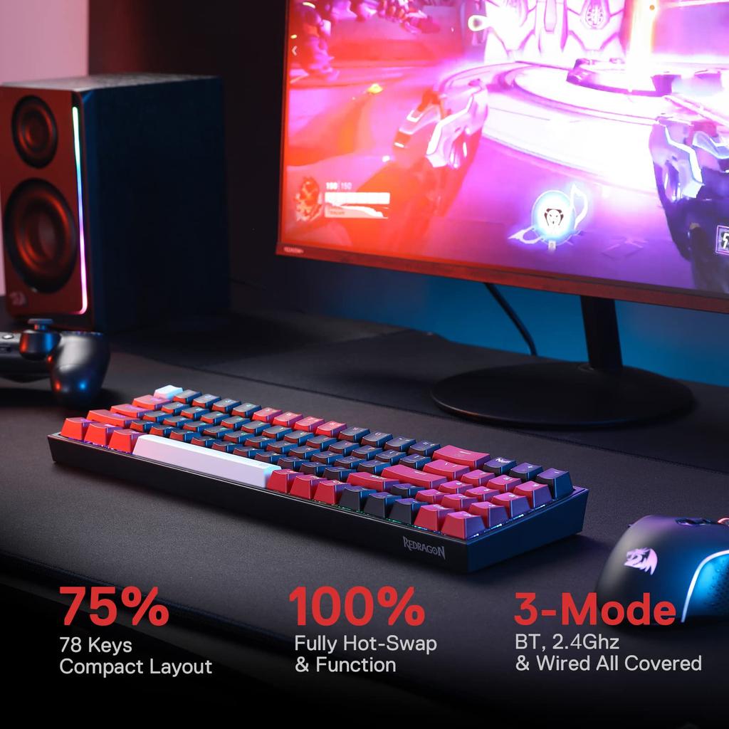 Redragon K628 Pro 3 Modes Wireless RGB Gaming 78 Hot Swappable Compact Mechanical Keyboard Swap Free Mod PCB Dedicated Arrow Keys Number Red Switch
