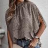 Summer Lace-Up Leopard Print Batwing Short Sleeve Blouse Elegant Loose Casual Stand  Collar Shirt Fashion Chic Tops Women 25320