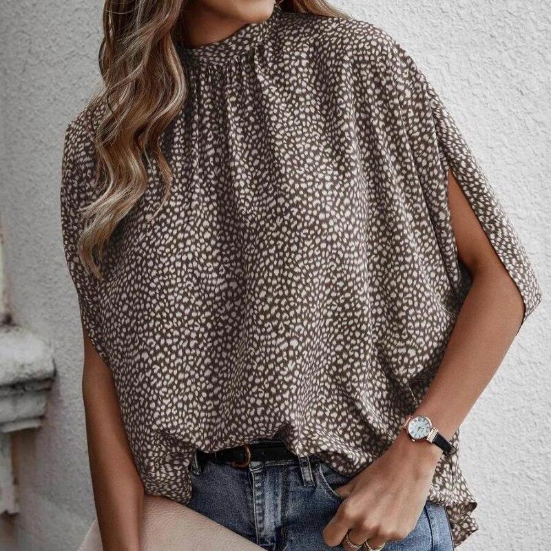 Summer Lace-Up Leopard Print Batwing Short Sleeve Blouse Elegant Loose Casual Stand Collar Shirt Fashion Chic Tops Women 25320