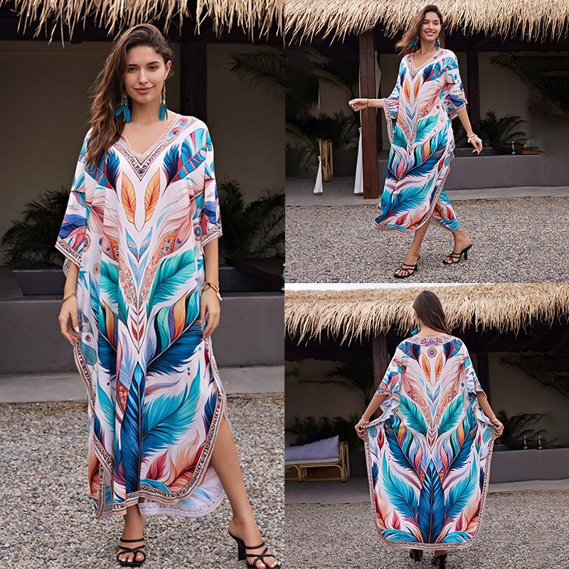 European-American Cotton Print Loose Plus Size Long Dress Beach Cover-Up Robe Style