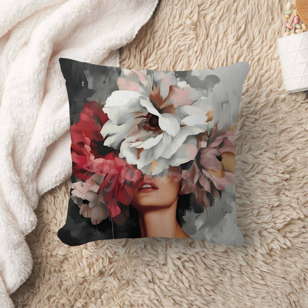 Abstract Flowers Girl Pillow Cushion Cover Pillowcase Living Room Sofa Home Decor Customized