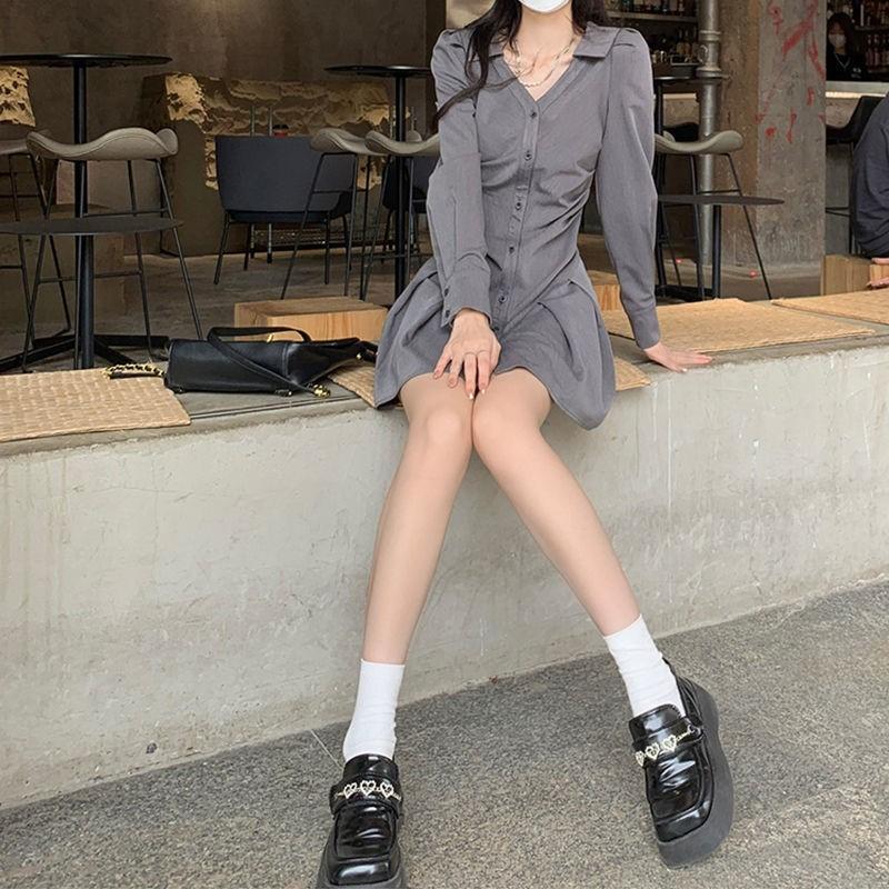 Платье-рубашка с v-образным вырезом, женское весеннее тонкое милое платье-пиджак с воротником, повседневное модное элегантное серое сексуальное платье