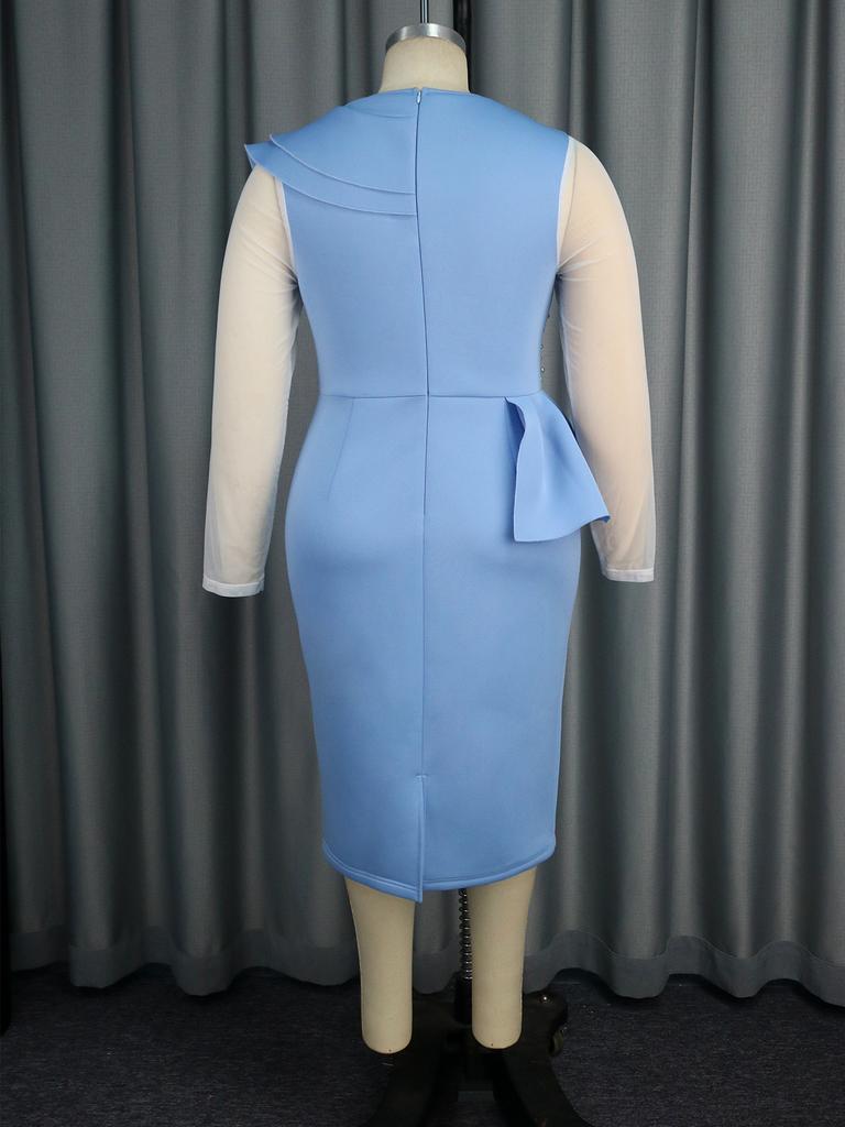 AOMEI Синие вечерние платья с бисером, О-образным вырезом, тюль, пэчворк, прозрачные рукава, высокая талия, оборки, миди, вечерние платья для женщин