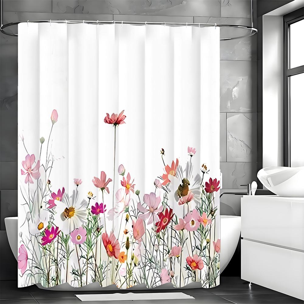 Занавеска для душа с цветами, Розовый цветок, Однотонный фон с крючками, Занавеска для ванны, Водонепроницаемая занавеска для душа