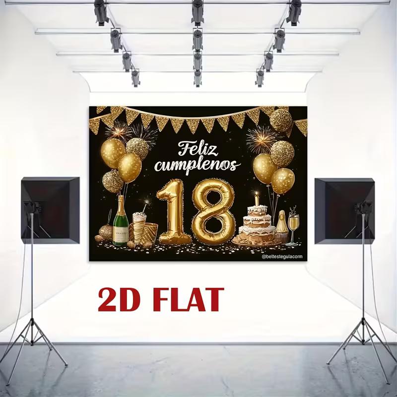 2D Black Gold 18th Birthday Photography Backdrop with Feliz Cumpleaños