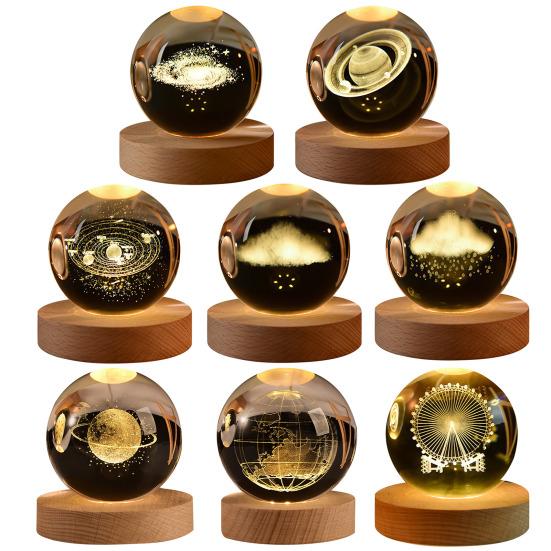 3D прозрачная сфера, солнечная система, искусственный хрустальный шар с деревянной основой, питание от USB, ночник, настольное украшение для спальни, гостиной