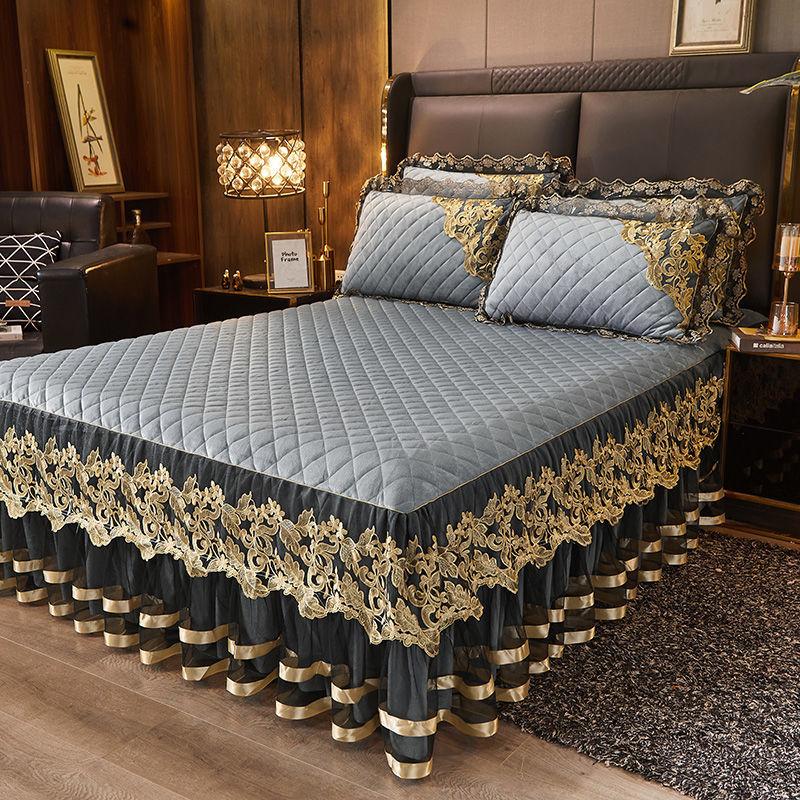 3 шт. Европейская бархатная юбка для кровати из хрусталя Зимнее кружевное бархатное покрывало Теплое Нескользящее Утолщенное Флисовое Постельное Белье Набор из трех предметов