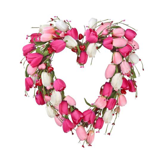 Holiday Wreath Heart Shape Indoor Outdoor Decorative Wreath with Festive Flowers Greenery Home Party Office