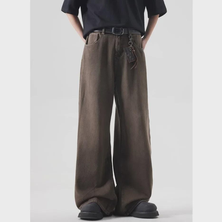 Модные свободные джинсы прямого кроя унисекс коричневого цвета, выстиранные и окрашенные