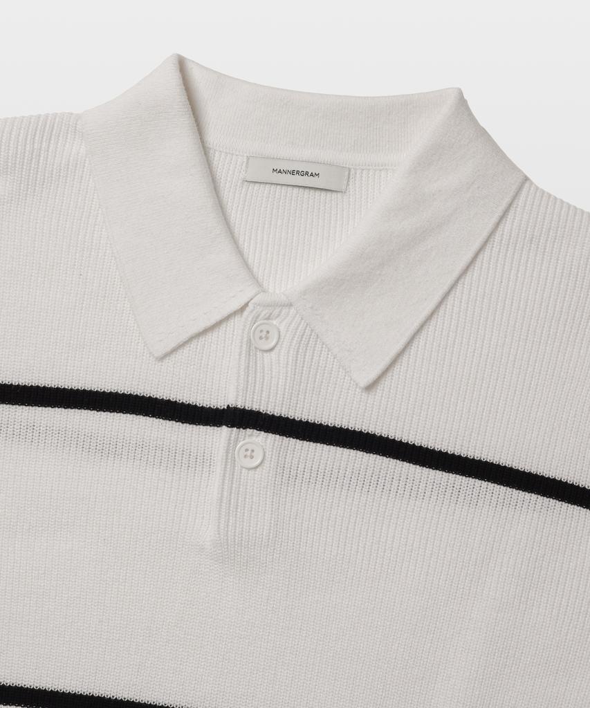 MANNERGRAM Textured Striped 100% Cotton Polo Short Sleeve Knit White
