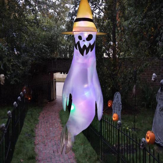 43 Inch Halloween Ghost Windsock Flags with LED Lights Outdoor Hanging Scary Light Up Ghost Wind Socks for Tree Yard Porch Garden Decor