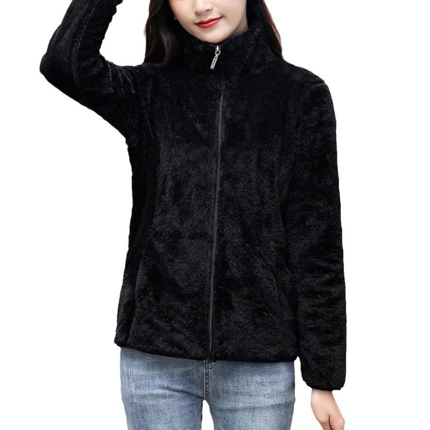 Women's Double-Sided Fleece Jacket - Plus-Size, Thick Velvet, Warm High Collar, Loose Fit, Autumn/Winter Polar Fleece Cardigan.