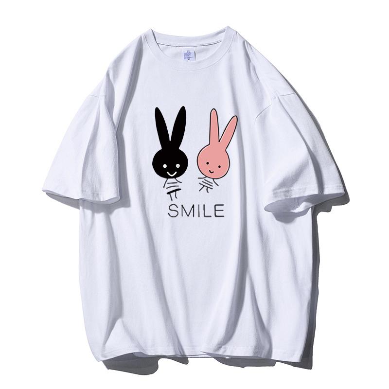 Shellsuning Cute Bunny Graphic Printed T Shirts Women Summer Casual Loose O Neck Short Sleeve Tees Female Trendy 100% Cotton Tops Lady