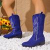 Women's Retro Cowboy Boots Anti-Slip Mid Calf Cowgirl Boots Embroidered Western Pointed Toe Chunky Block Heel Wide Calf Pull On Boots for Women