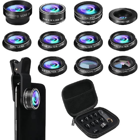 Phone Camera Lens Kit, 11 in 1 Cellphone Lens Kit for iPhone and Android, 0.63X Wide Angle+15X Macro+