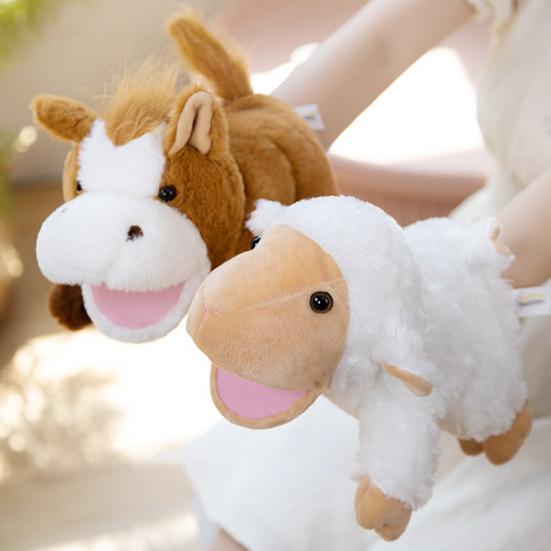 Плюшевая ферма, рот, собака, рука, кукольная игрушка, подвижное животное, утка, лошадь, корова, овца, свинья, ручная кукла, роль