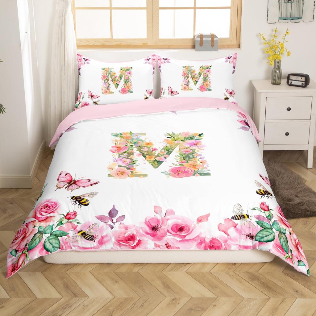 Initial Letter A Duvet Cover for Boys Girls Floral Monogrammed Bedding Set Romantic Rose Alphabet Quilt Cover with 2 Pillow Case