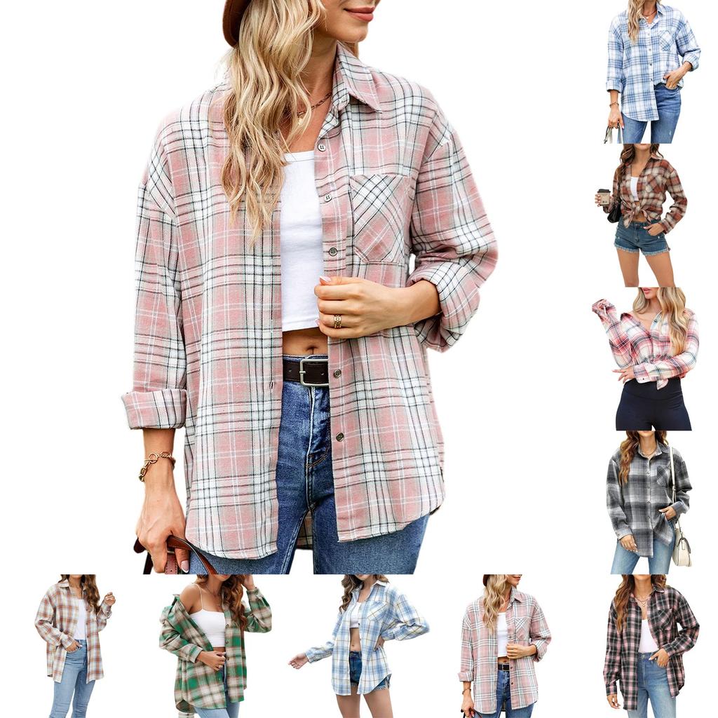 Women's Casual Fashion Loose Plaid Shirt Long Sleeve Pocket Button Shirt Mid-length