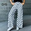Женские брюки с высокой талией, эластичные, клетчатые, широкие, повседневные брюки свободного кроя, повседневная одежда для работы и отдыха