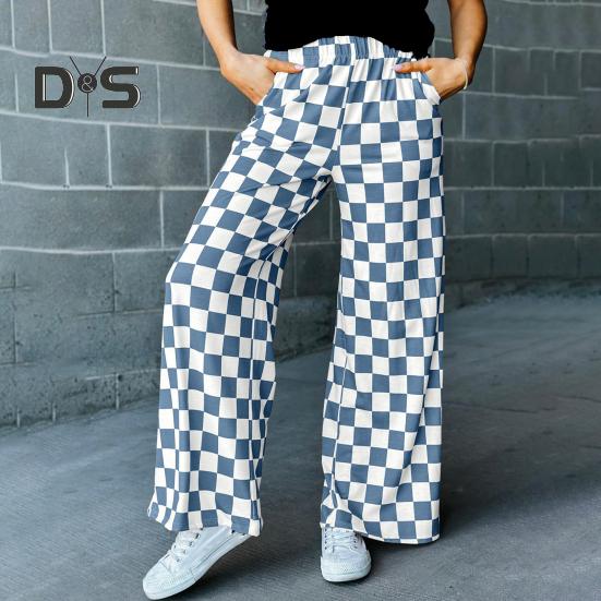 Женские брюки с высокой талией, эластичные, клетчатые, широкие, повседневные брюки свободного кроя, повседневная одежда для работы и отдыха