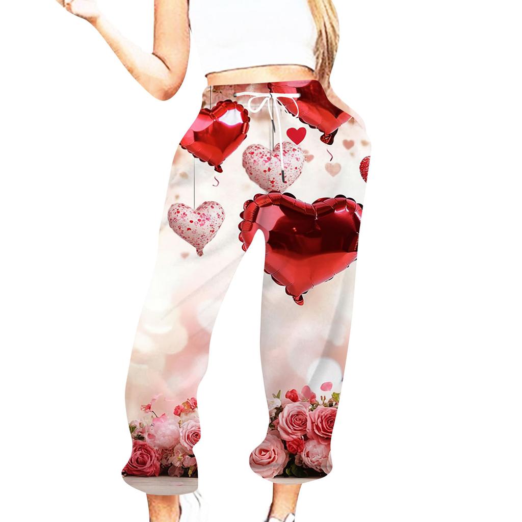 Женская повседневная мода День святого Валентина Повседневные брюки с принтом Спортивные брюки Брюки с эластичной резинкой на талии со шнурком Брюки со шнурком