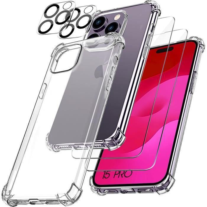 Coque de protection - Silicone - pour iPhone 15 Pro - Antichoc - 2 Verres Trempés - Transparent