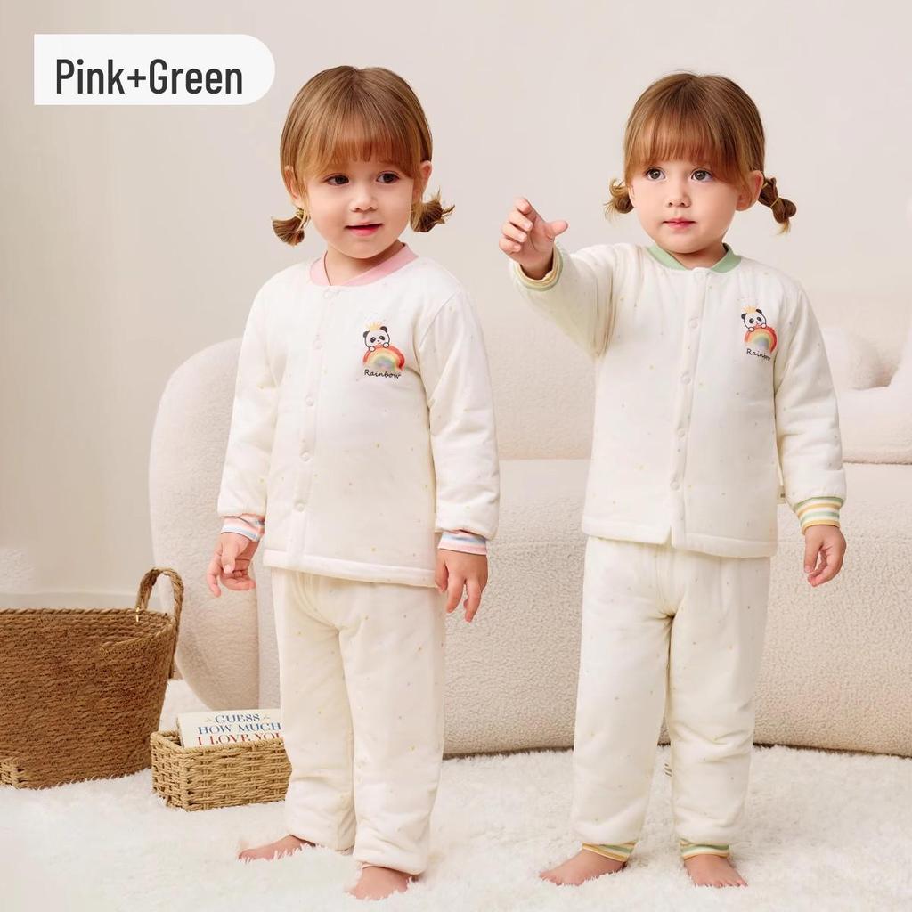 Детский пижамный комплект Jingqi из стеганого хлопка с высокой талией и защитой животика - Теплая, регулирующая температуру домашняя одежда для осени и зимы