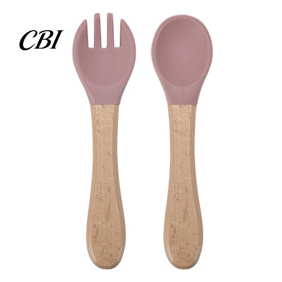 Toddler Self Feeding Tableware Baby Led Weaning Spoon And Fork Set, Soft Silicone Utensils Portable Kit for Travel with Wooden Handles, Self-Feeding