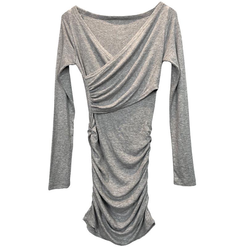 Gray Long-Sleeve Sexy Chest-Revealing Tight Hip Dress